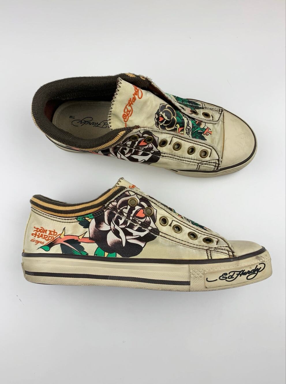 Don Ed Hardy Sneakers Cream Tattoo Print Rose Slip On Y2K Women's 7 Late 2000s